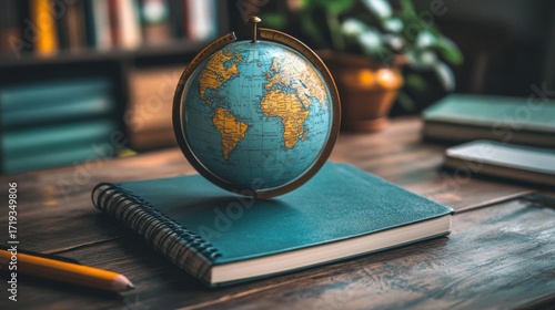 Globe on a desk with notebooks and a pencil. Concept of geography, travel, and education.
