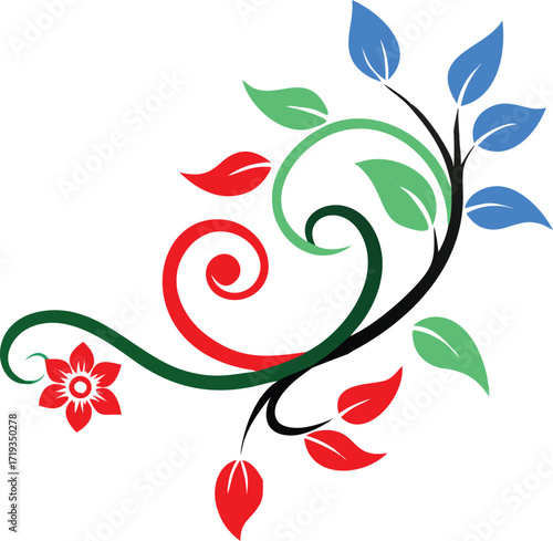 Stylized floral vine with red flower and blue and green leaves on a white background swirl flourish