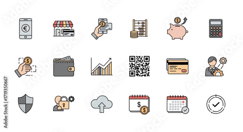 Financial technology and digital banking icons for business.