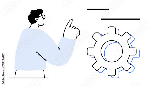 Man pointing at large gear, conveying innovation and focus. Ideal for teamwork, process management, innovation, technology, creativity, education strategic planning. Simple flat metaphor