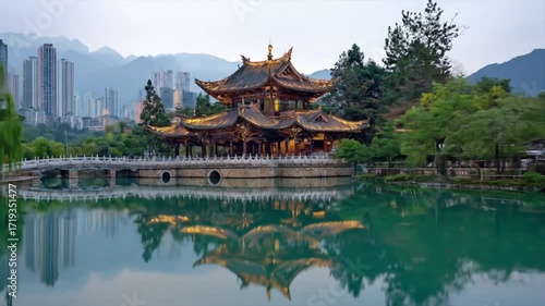 Wallpaper Mural Serene Asian garden pavilion, reflected in a tranquil lake, amidst modern city backdrop. Torontodigital.ca