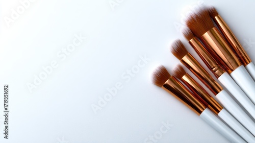 A collection of elegantly designed makeup brushes with rose gold and white handles, perfect for creating stunning makeup looks and enhancing beauty routines.