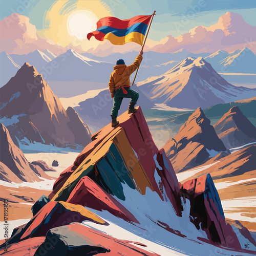Triumph on Ararat Peak A Climber's Victory with Armenian Flag Against a Mountainous Landscape