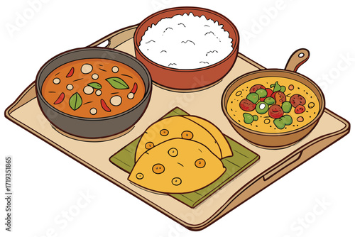 Delicious and tasty fried fish with vegetables pizza illustration