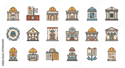 Government and Financial Building Filled Line Icon Set.