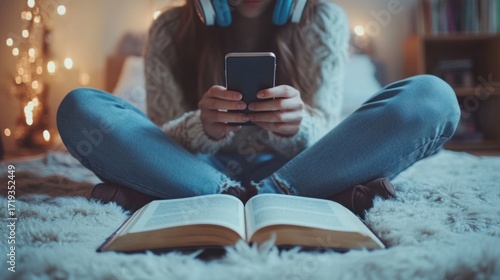 Open book on floor with blurred teenager in background holding smartphone, symbol of distraction from reading