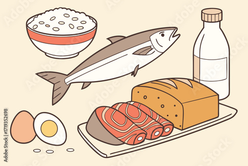 A delicious set of food and drinks with icons of various breakfast, lunch, and dinner meals