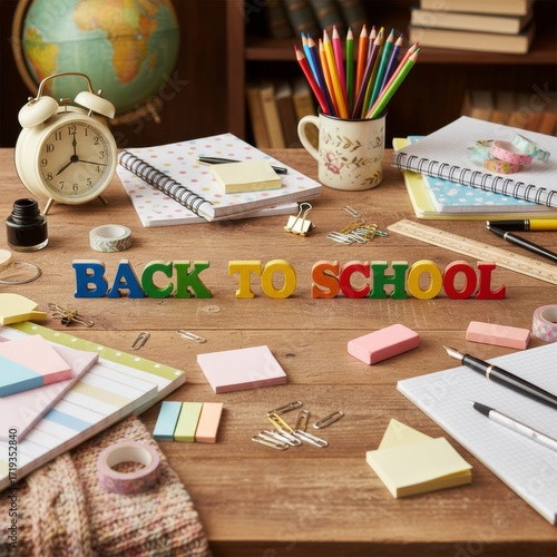 back to school, colorful wooden letters on a wooden desk, surrounded by school supplies: notebooks, colored pencils, alarm clock, ruler, eraser, paper clips, stationary scattered Creative flat lay 