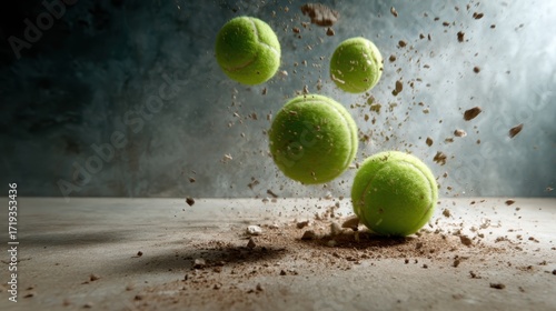 Dynamic image of multiple green tennis balls soaring through the air amidst a flurry of dirt, emphasizing the energy and excitement of sports and outdoor activities.