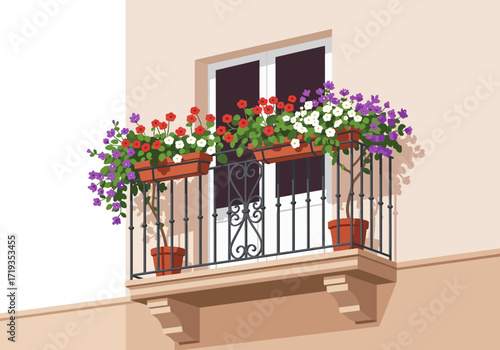 A balcony with potted plants a window and decorative wrought iron