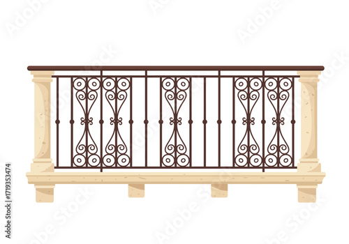 A balcony with a decorative wrought iron railing stands against a white backdrop
