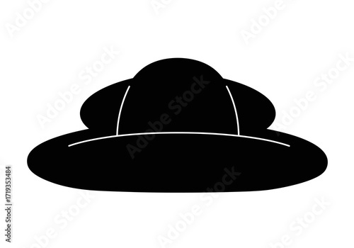 A black stylized hatlike shape features a round crown  wide brim with white lines delineating the components