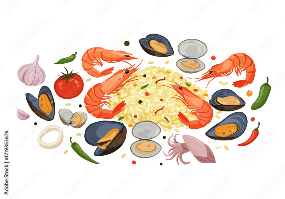 Naklejka premium A colorful array of paella elements shrimp mussels rice squid and vegetables