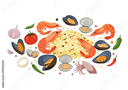 A colorful array of paella elements shrimp mussels rice squid and vegetables