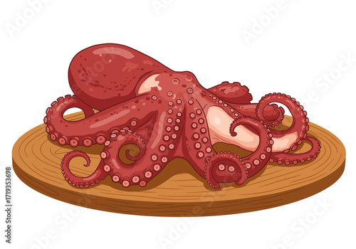 A cooked red octopus is displayed on a round wooden cutting board