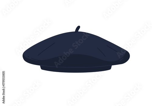A navy blue beret is displayed in a simple illustration