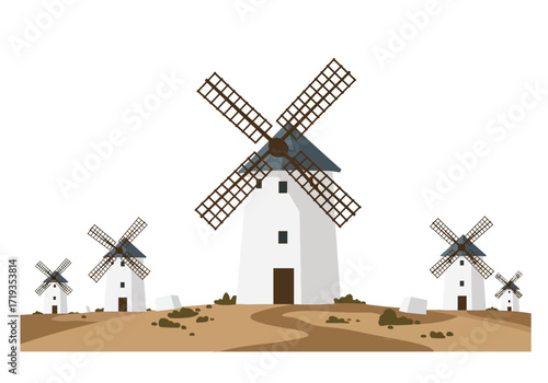A landscape of white windmills with brown sails on a tan ground under a white sky