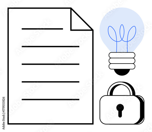 Document with text lines, light bulb for idea, and padlock for security. Ideal for creativity, intellectual property, copyright, privacy, confidentiality innovation secure data. Simple flat