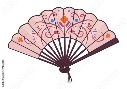 A pink folding hand fan with floral and spiral pattern details tied with a dark knot