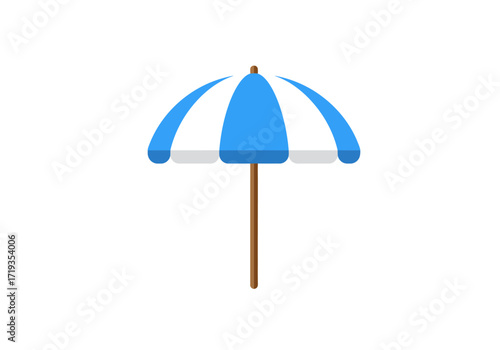 A simple vector illustration of a blue  white beach umbrella with a brown pole on a plain background
