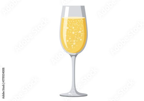 A single champagne flute filled with sparkling bubbly liquid standing upright