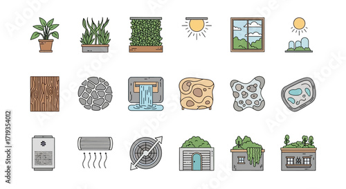 Hand Drawn Icon Set for Green Architecture and Sustainable Living.