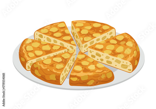 A sliced baked potato tortilla with crust is on a plate