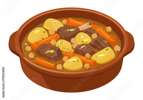 A stew brimming with carrots meat and potatoes is presented in a brown ceramic dish