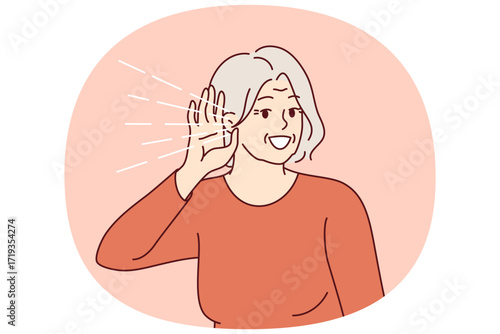 Elderly woman experiences deafness and puts hand to ear to hear interlocutor. Gray-haired lady needs to treat deafness and buy hearing aid, or overhears gossip of neighbors discussing secrets