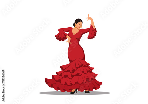A woman in a red dress performs a flamenco dance adorned with ruffles and wearing hoop earrings