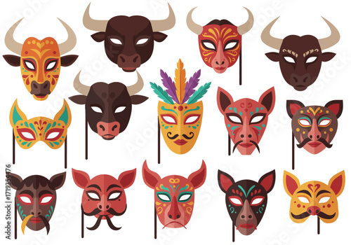 An arrangement of colorful bull and animal masks on sticks