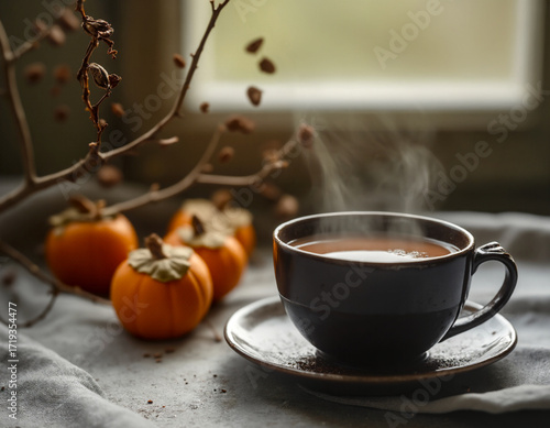 A cozy, still-life scene of a steaming cup of tea or coffee on a gray cloth. Small orange fruits and a bare branch with berries create a warm, autumnal mood.