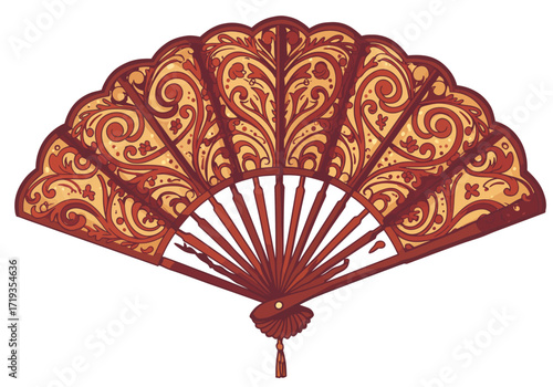An open fan in red  gold with decorative swirls  floral patterns