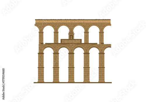 Ancient stone aqueduct with arches and columns on a white background