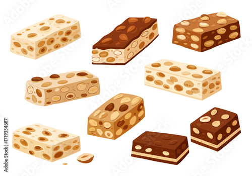 Assorted nougat bars with nuts in varied colors and shapes arranged on a white background