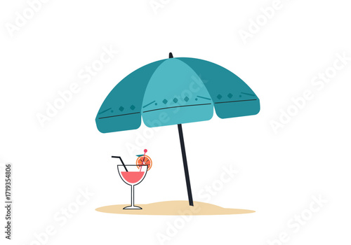 Beach scene with a blue umbrella shading a cocktail on sand