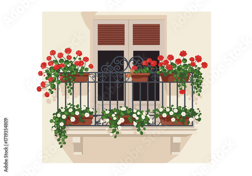 Balcony with flower boxes red and white blooms dark metal railing and window with brown shutters