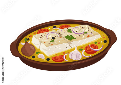 Baked fish with garlic onions tomatoes olives  herbs in a brown casserole dish