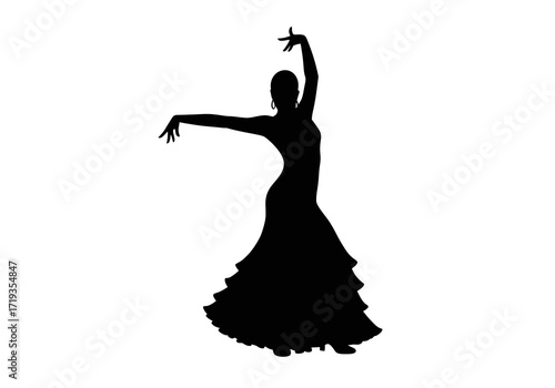Black silhouette of a woman dancing in a ruffled dress arms raised