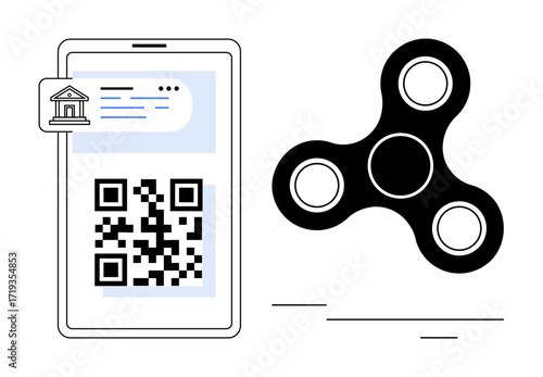 Smartphone displaying digital banking QR code with overlay of bank icon. Fidget spinner alongside represents relaxation, focus, and balance. Ideal for fintech, leisure, innovation, payments