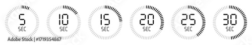 Digital countdown timer icons set, circular seconds clock progress indicators from 5 to 30 seconds. 5, 10, 15, 25, 30 seconds. Timer, clock, stopwatch isolated vector illustration.