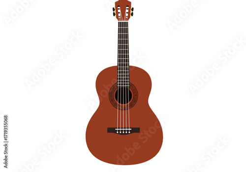 Brown classical guitar with tuning pegs sound hole and strings is centered