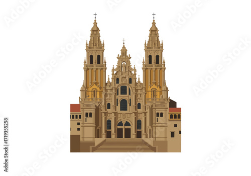 Cathedral of Santiago de Compostelas façade featuring towers detailed stonework stairs