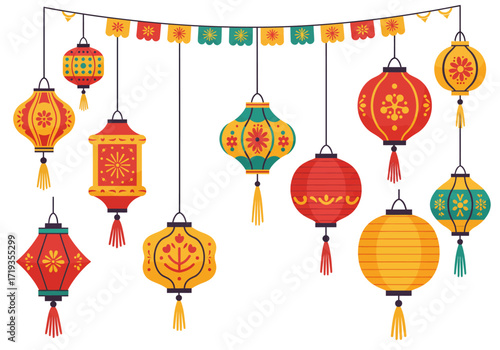 Colorful lanterns hang from a festive garland with tassels