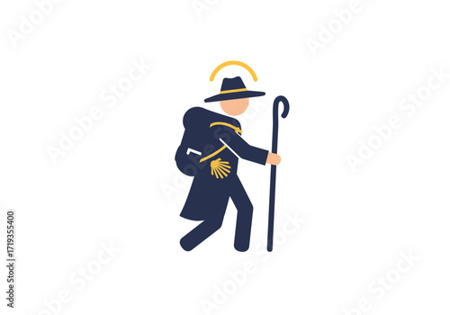 Figure with hat pack and stick walking with a halo above the hat