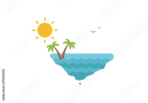 Floating island with palm trees sun and sea waves Two birds are flying