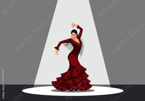 Flamenco dancer in red polka dot dress under spotlight on stage