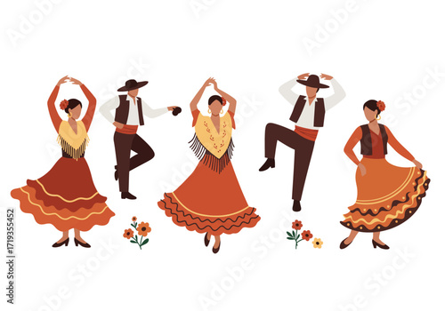 Five figures in traditional dress performing folk dances on a white background with flowers