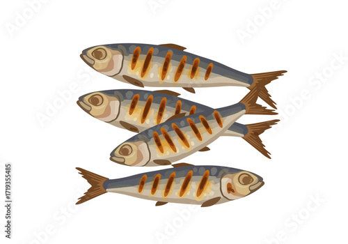 Four grilled fish overlap with brown tails and yellow grill marks on white