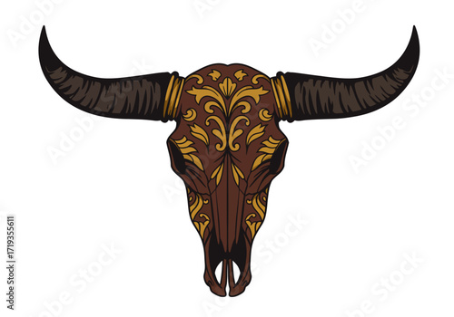 Illustrated buffalo skull brown gold ornate patterns and curved horns